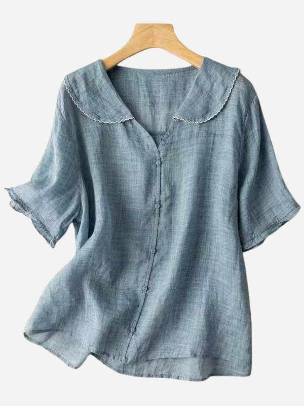 Anna | Kortærmet Bluse med Babykrave og Knapper