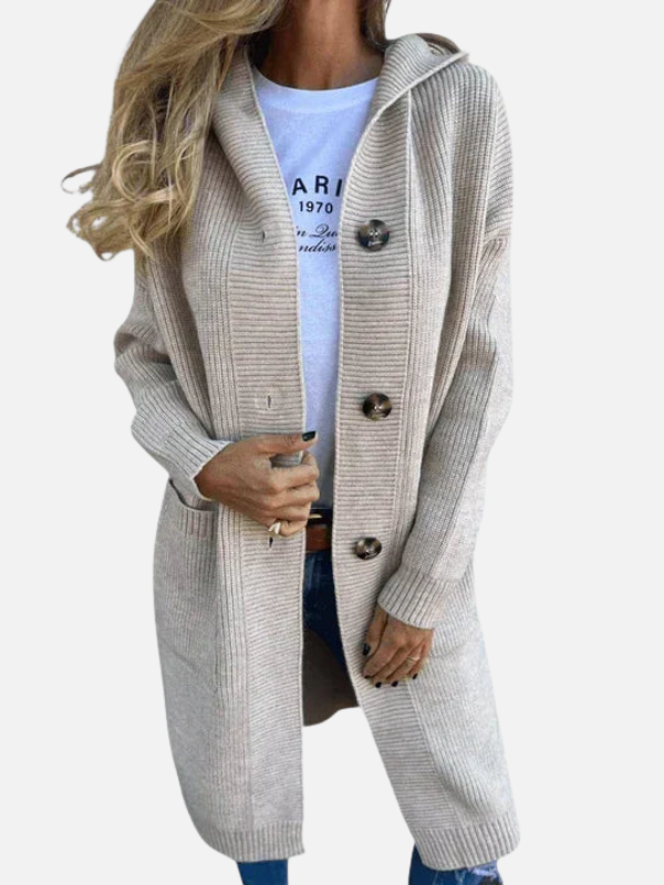 Hanne | Lang Ribstrik Cardigan med Hætte