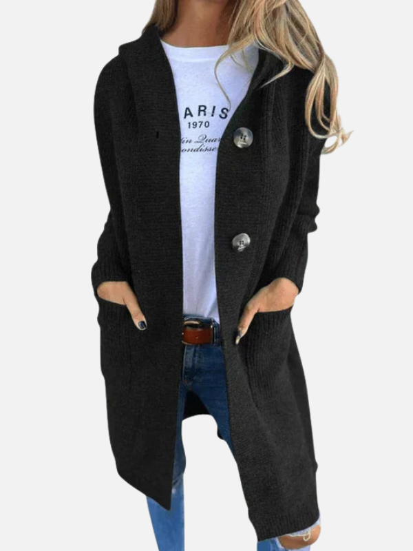 Hanne | Lang Ribstrik Cardigan med Hætte