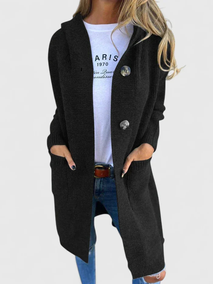 Kirsten | Lang Strikcardigan med Hætte og Knapper