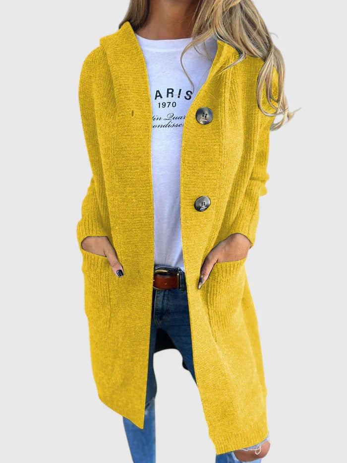 Kirsten | Lang Strikcardigan med Hætte og Knapper