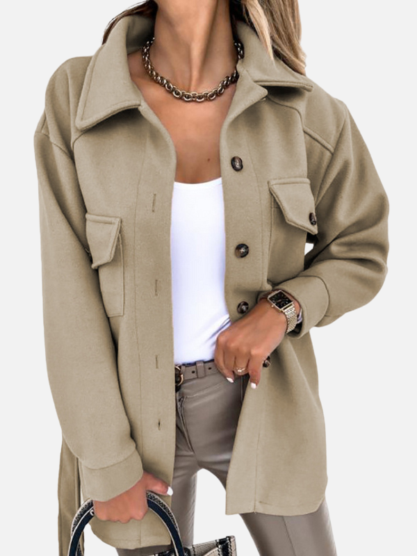 Lene | Lang Uld-look Shacket med Krave & Lommer