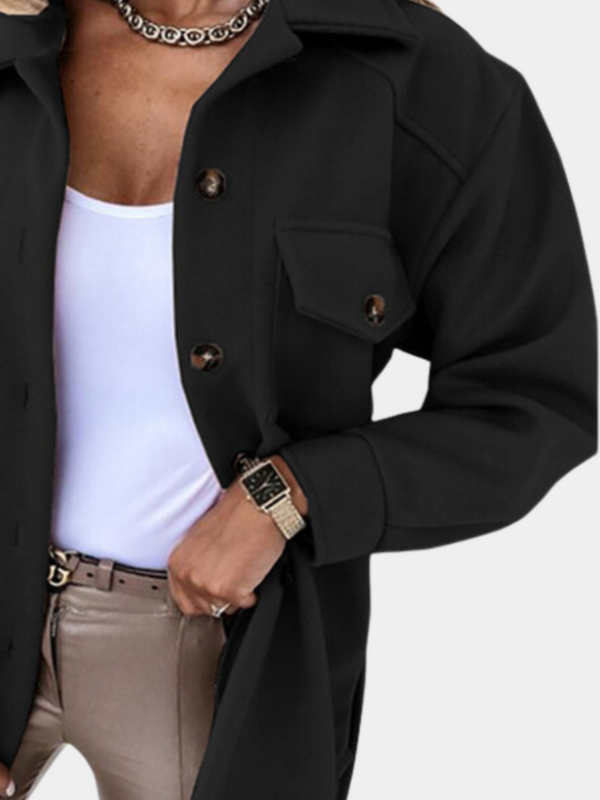 Lene | Lang Uld-look Shacket med Krave & Lommer
