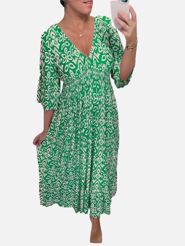 Susanne | Mønstret Boho Kjole med V-Hals