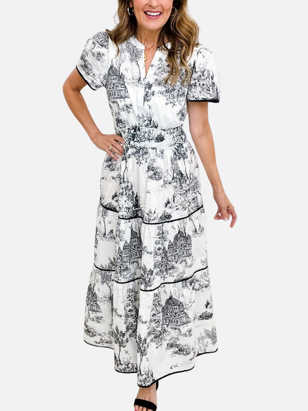 Anna | Mønstret Boho Maxikjole med Knapper
