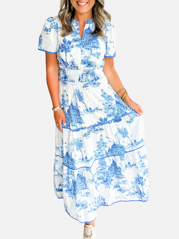 Anna | Mønstret Boho Maxikjole med Knapper