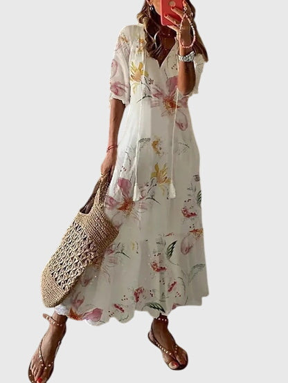 Hanne | Mønstret Boho Maxikjole med V-Hals