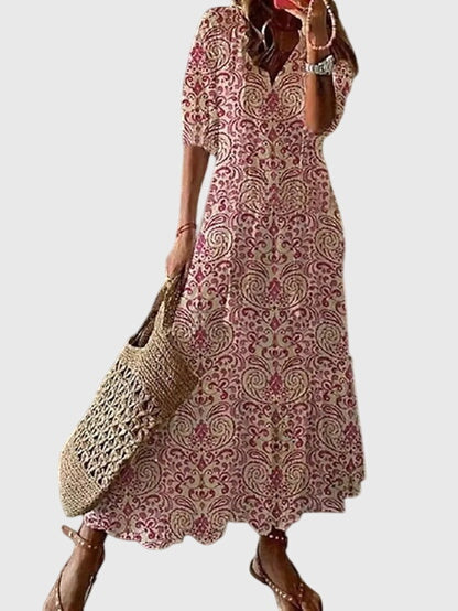 Hanne | Mønstret Boho Maxikjole med V-Hals