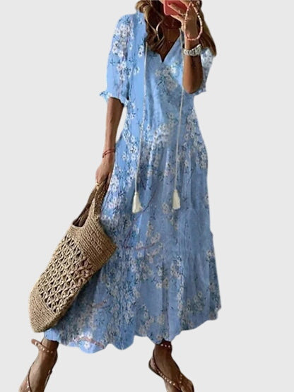 Hanne | Mønstret Boho Maxikjole med V-Hals