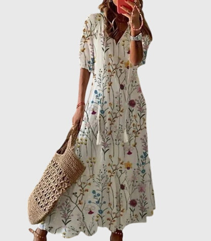 Hanne | Mønstret Boho Maxikjole med V-Hals