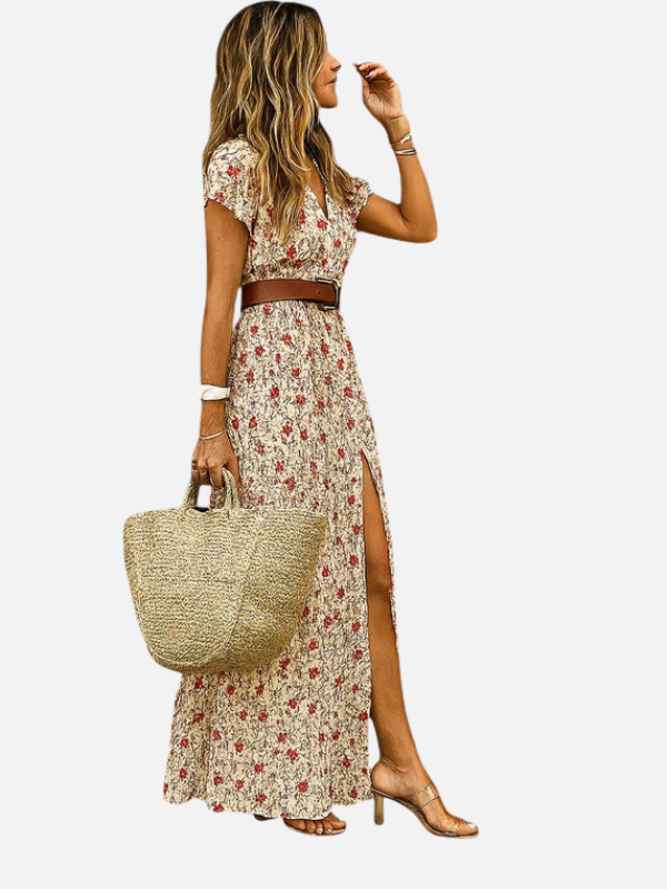 Lone | Mønstret Maxikjole med V-Hals, Boho Sommer