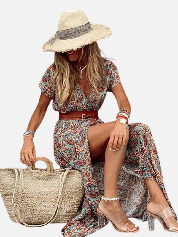Lone | Mønstret Maxikjole med V-Hals, Boho Sommer
