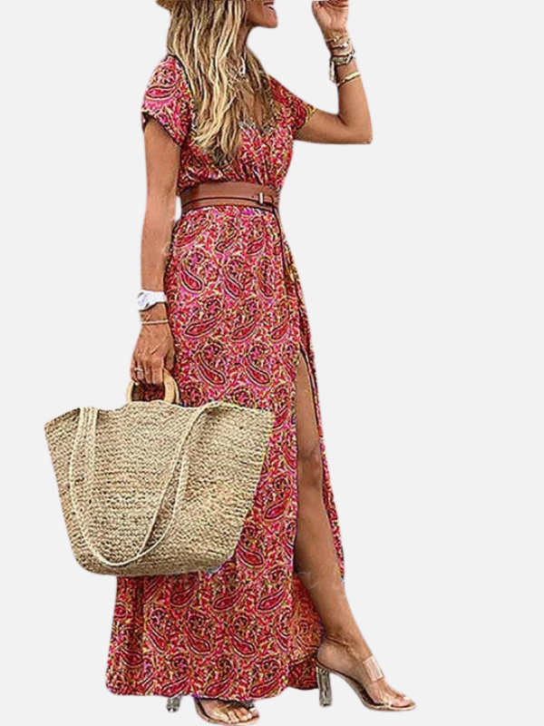 Lone | Mønstret Maxikjole med V-Hals, Boho Sommer