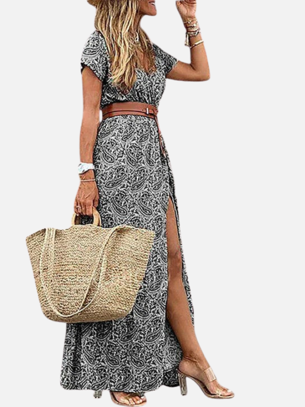 Lone | Mønstret Maxikjole med V-Hals, Boho Sommer