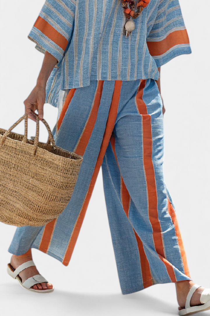 Karen | Stribet Sæt i Linned – Boxy Top & Vide Bukser