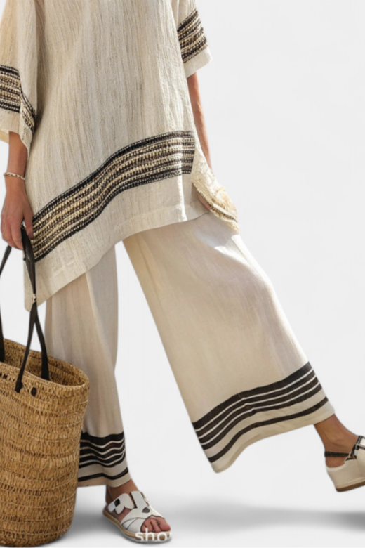 Line | Creme Hørsæt med Stribet Bort, Boho