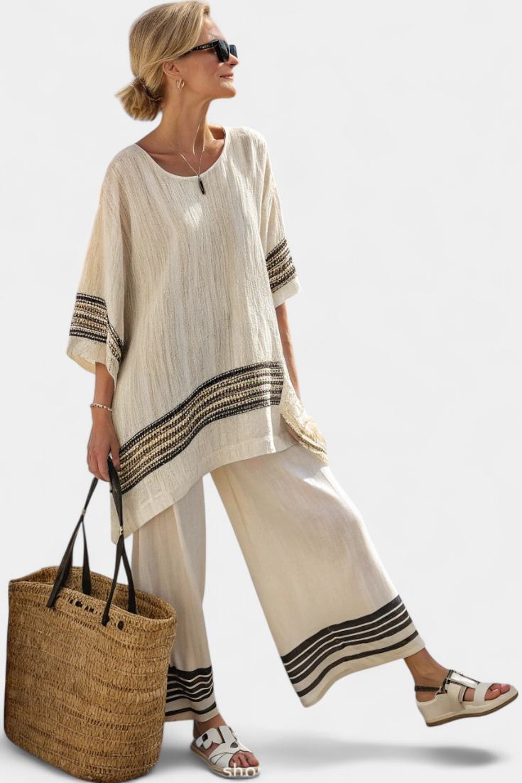Line | Creme Hørsæt med Stribet Bort, Boho