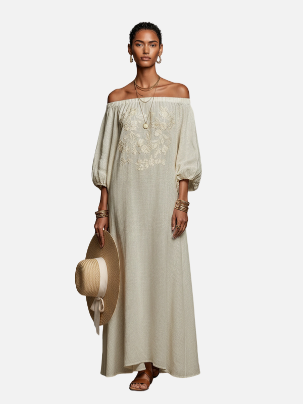 Mette | Off-Shoulder Maxikjole med Broderi, Boho