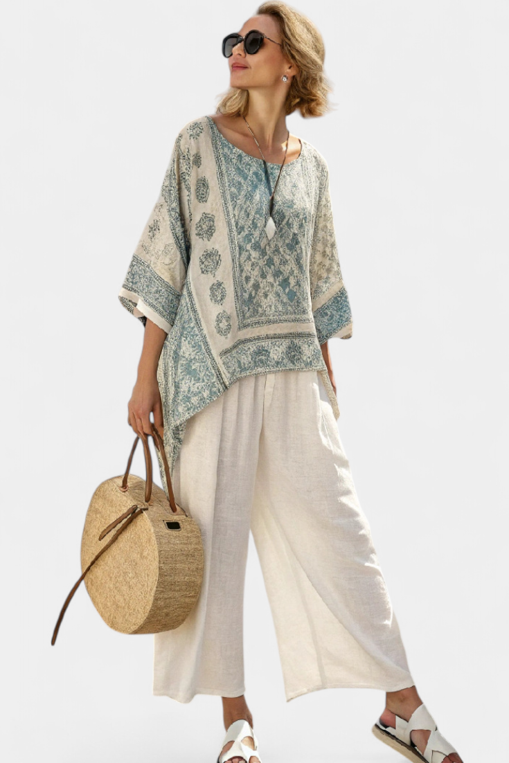 Maria | Oversized Tunika Bluse med Bordertryk