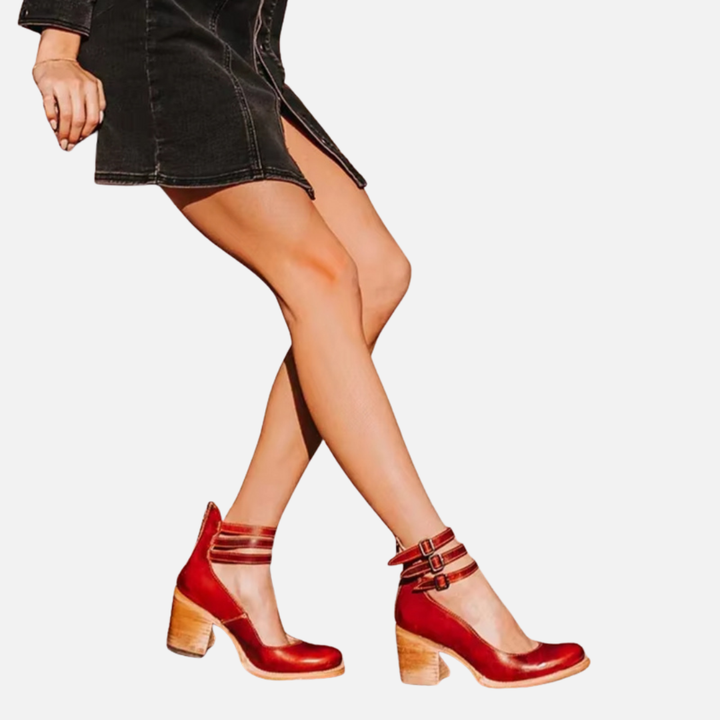 Anna | Pumps med Blokhæl og Ankelrem, Elegant