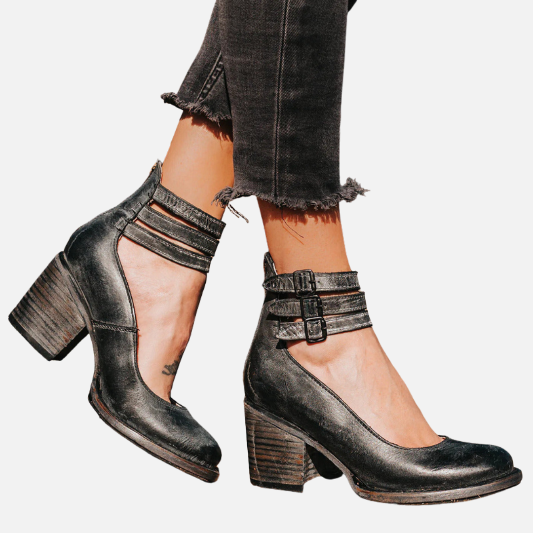 Anna | Pumps med Blokhæl og Ankelrem, Elegant