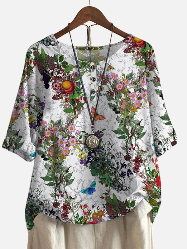 Karen | Retro Blomstret Bluse med Rund Hals