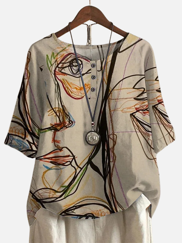 Karen | Retro Blomstret Bluse med Rund Hals