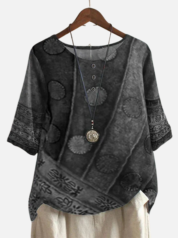 Karen | Retro Blomstret Bluse med Rund Hals