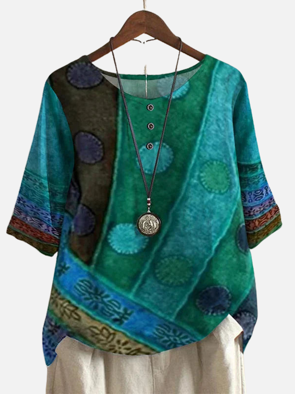 Karen | Retro Blomstret Bluse med Rund Hals