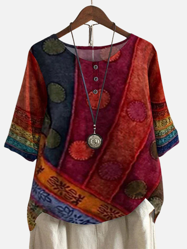 Karen | Retro Blomstret Bluse med Rund Hals