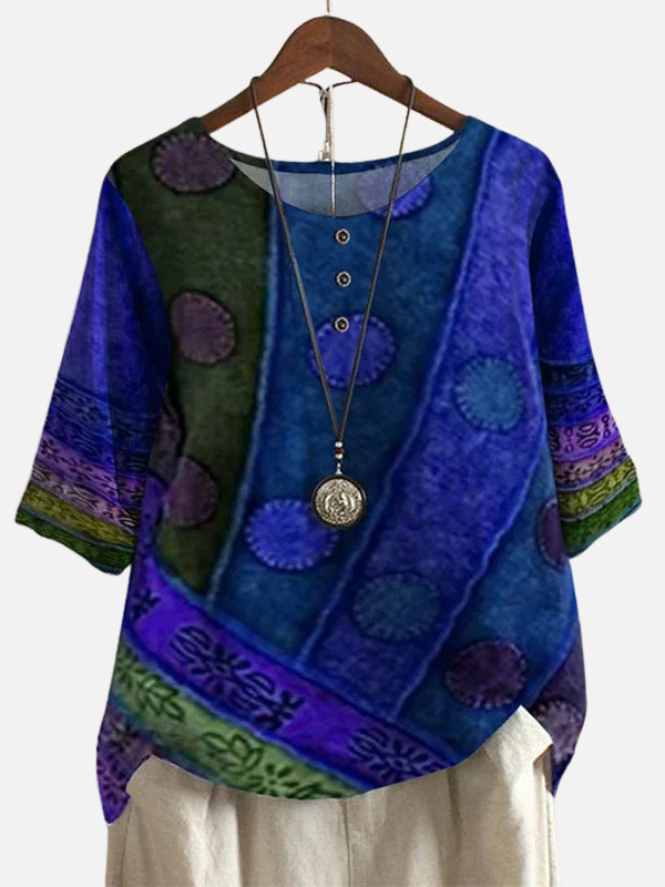 Karen | Retro Blomstret Bluse med Rund Hals