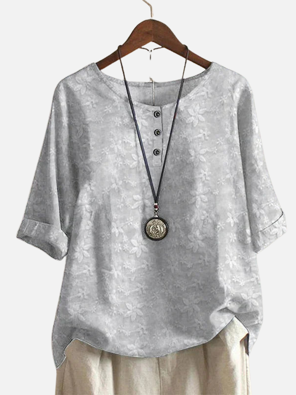 Karen | Retro Blomstret Bluse med Rund Hals