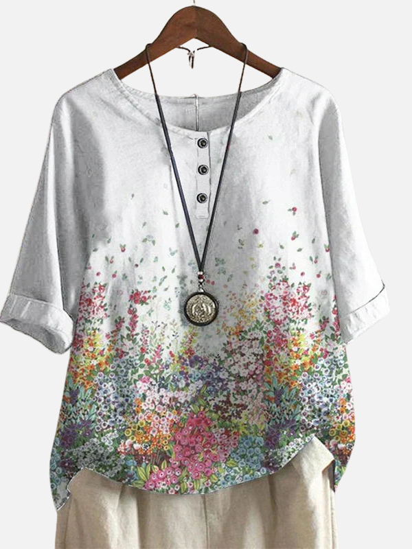 Karen | Retro Blomstret Bluse med Rund Hals