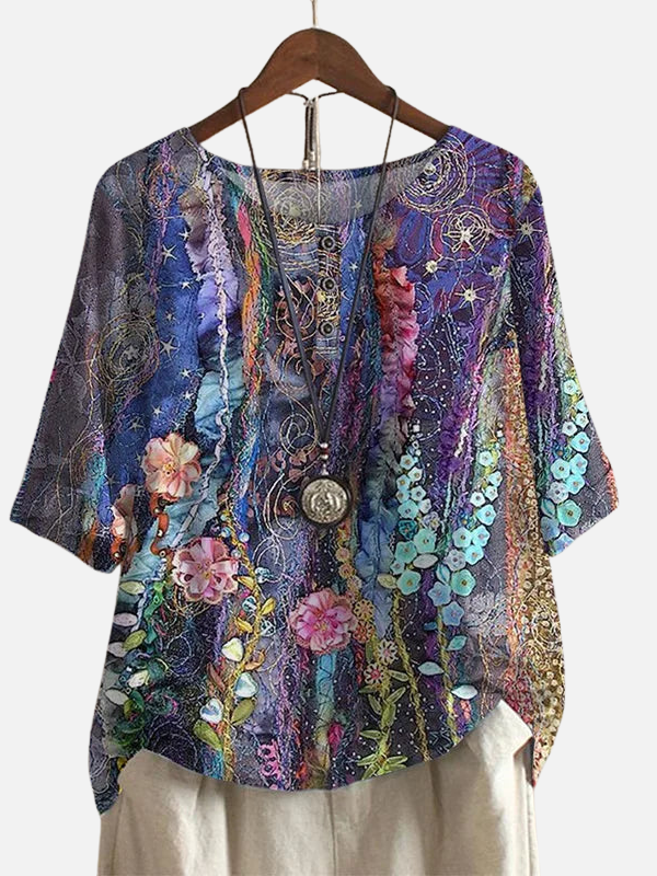 Karen | Retro Blomstret Bluse med Rund Hals