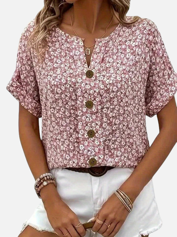 Pia | Småblomstret Bluse med Knaplukning