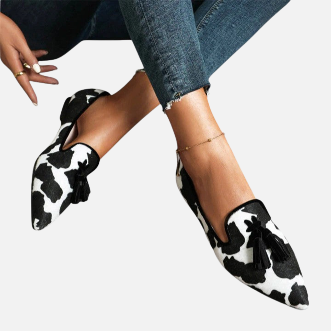 Marianne | Spidse Loafers med Dyreprint og Kvast