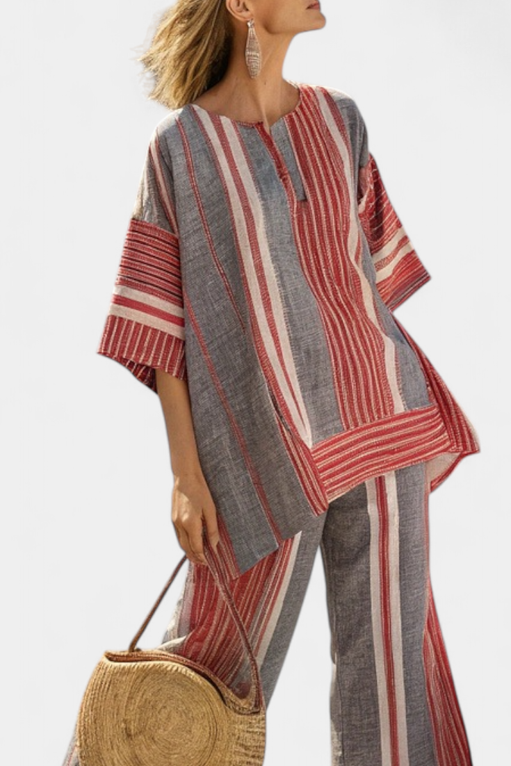 Susanne | Stribet Linned Sæt – Bluse & Vide Bukser