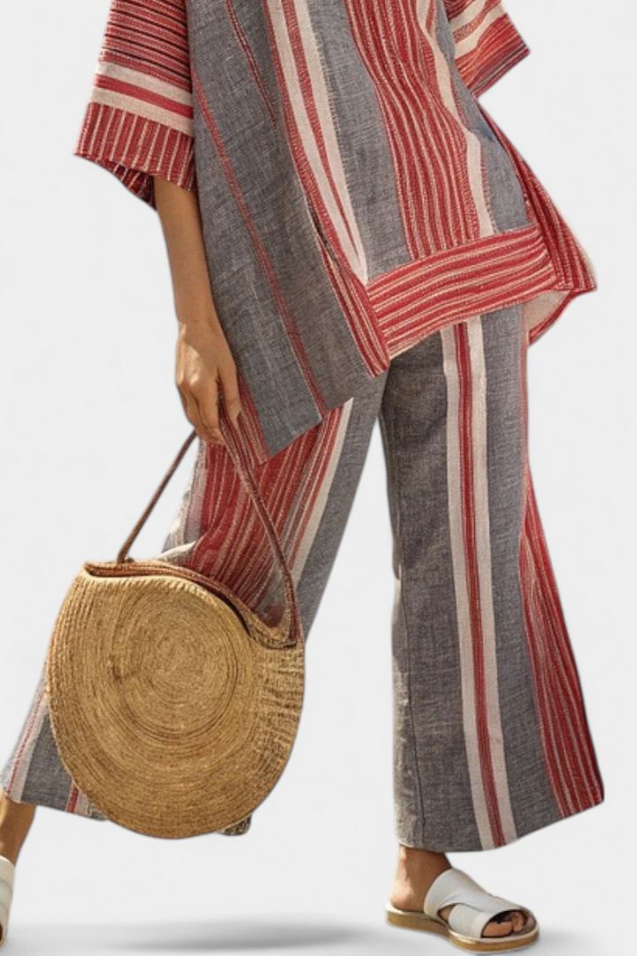Susanne | Stribet Linned Sæt – Bluse & Vide Bukser