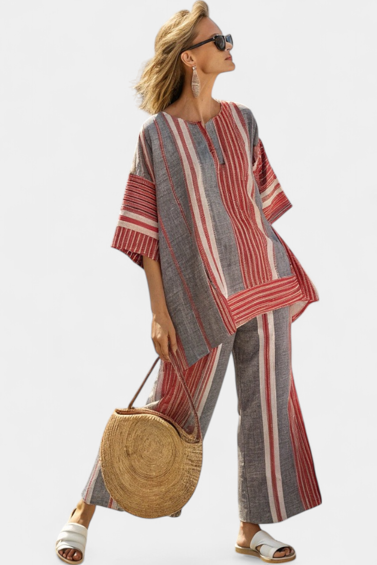 Susanne | Stribet Linned Sæt – Bluse & Vide Bukser