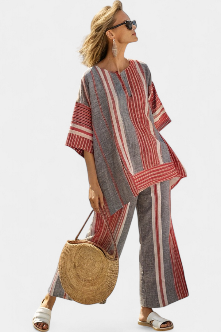 Susanne | Stribet Linned Sæt – Bluse & Vide Bukser