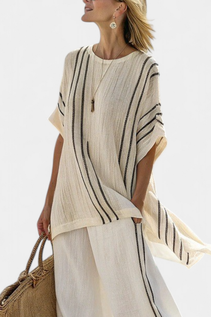 Anna | Stribet Linned Sæt – Bluse & Vide Bukser