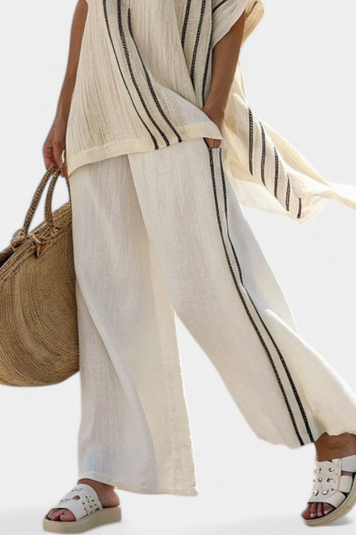 Anna | Stribet Linned Sæt – Bluse & Vide Bukser