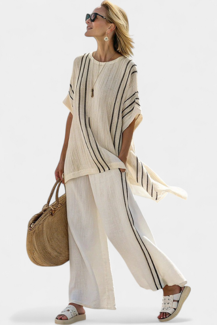 Anna | Stribet Linned Sæt – Bluse & Vide Bukser