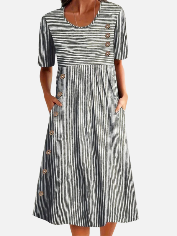 Hanne | Stribet Midikjole med Knapper, Sommer