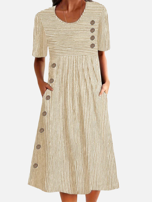 Hanne | Stribet Midikjole med Knapper, Sommer