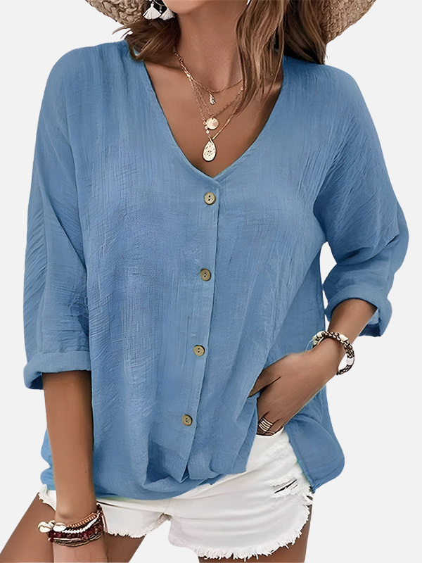 Anne | V-Hals Bluse med Knaplukning til Dame