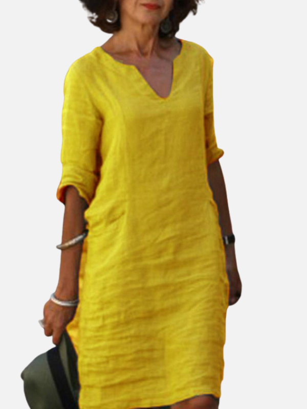 Mette | V-Hals Linnedkjole med Trekvartærmer