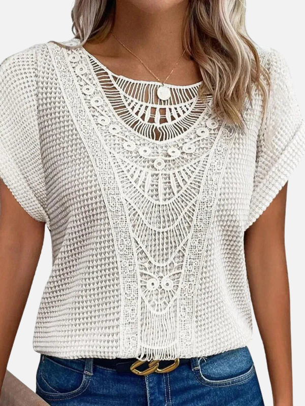Maria | Vaffelstrik Bluse med Blonde og Rund Hals