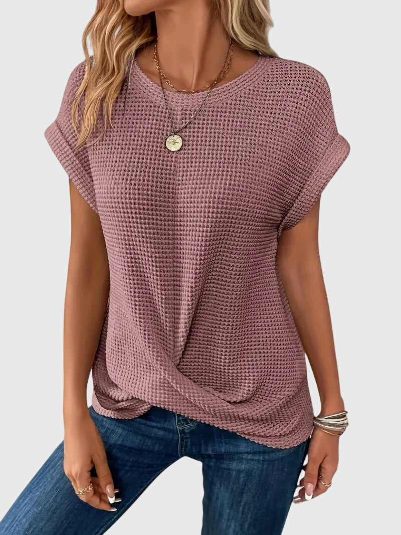 Pia | Vaffelstrik Bluse med Rund Hals