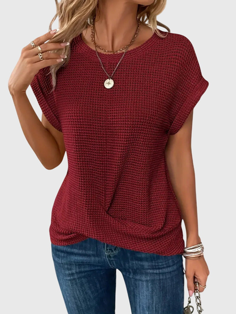 Pia | Vaffelstrik Bluse med Rund Hals